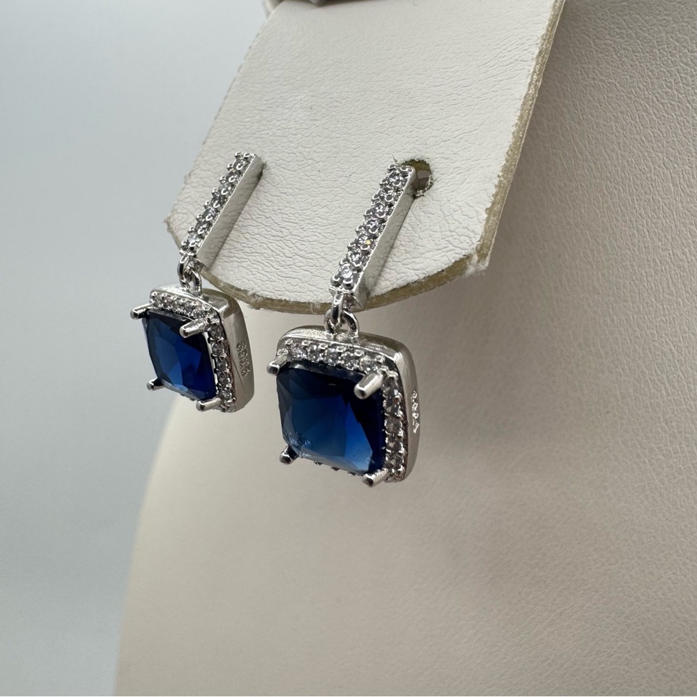 Silver Blue Crystal Drop Earrings Square Halo Dangle Elegant New - Picture 6 of 9